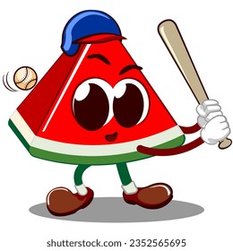mascot vector illustration of a cute piece of watermelon playing baseball by being a hitter with a baseball bat