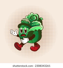 Mascot Vegetables Funny cartoon characters Groovy hippie 70s. Sticker pack, posters, prints.elements in trendy retro cartoon style.
