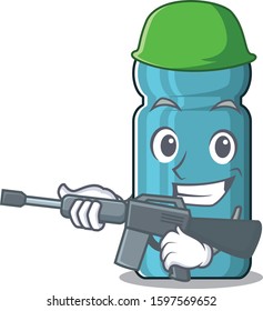 A mascot of water bottle Scroll Army with machine gun