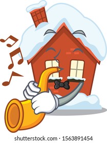 Mascot winter house a cartoon isolated with trumpet