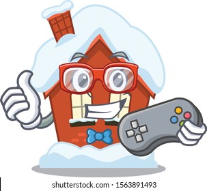 Mascot winter house a cartoon isolated holding gamer