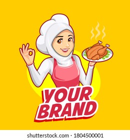The mascot of a woman chef wearing a pink apron