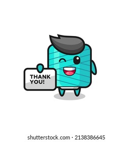 the mascot of the yarn spool holding a banner that says thank you , cute style design for t shirt, sticker, logo element