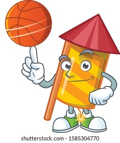 Mascot of yellow stripes fireworks rocket cartoon character style with basketball