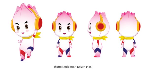 Mascots, little children, pink, red and blue patterns on the body
Bright demeanor, smiling face, orange headphones and yellow scarf.