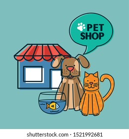 mascots with pets shop set icons vector illustration design