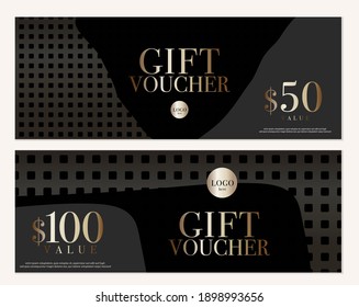 Masculine abstract premium gift voucher design in black and gold with neutral dark grey background.