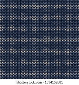 Masculine Bleach Dot Stripe Knitted Marl Variegated Background. Winter Nordic Seamless Pattern. Indigo Blue Faded Jean Texture. For Tie Dye Effect Textile, Melange All Over Print. Vector Eps 10  