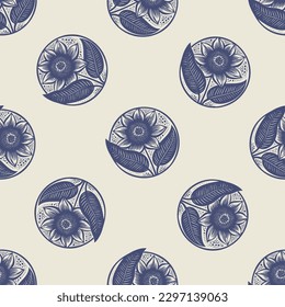 Masculine block print floral botanical vector pattern. Seamless sketchy flower organic style for rustic tile. 