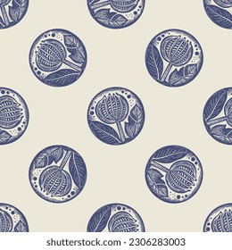 Masculine block print floral botanical vector pattern. Seamless sketchy flower organic style for rustic tile. 
