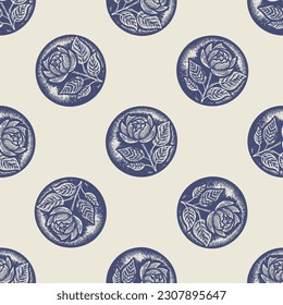 Masculine block print floral botanical vector pattern. Seamless sketchy flower organic style for rustic tile. 