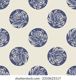 Masculine block print floral botanical vector pattern. Seamless sketchy flower organic style for rustic tile. 