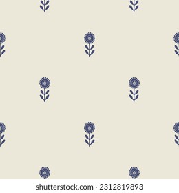Masculine block print floral botanical vector pattern. Seamless sketchy flower organic style for rustic tile. 