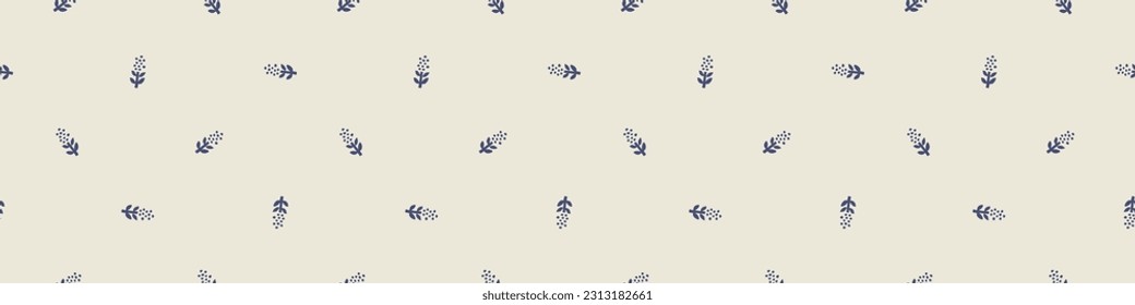 Masculine block print floral botanical vector ribbon. Seamless sketchy flower organic style for rustic washi tape.