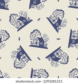 Masculine block print house vector pattern. Seamless sketchy city street organic style for rustic tile. 