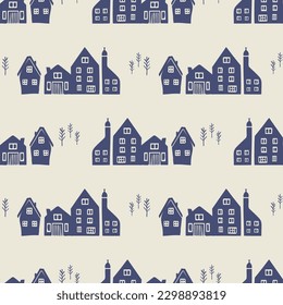 Masculine block print house vector pattern. Seamless sketchy city street organic style for rustic tile. 