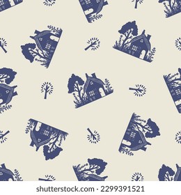 Masculine block print house vector pattern. Seamless sketchy city street organic style for rustic tile. 