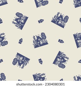 Masculine block print house vector pattern. Seamless sketchy city street organic style for rustic tile. 