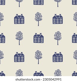 Masculine block print house vector pattern. Seamless sketchy city street organic style for rustic tile. 