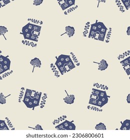 Masculine block print house vector pattern. Seamless sketchy city street organic style for rustic tile. 