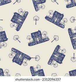 Masculine block print house vector pattern. Seamless sketchy city street organic style for rustic tile. 