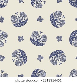Masculine block print house vector pattern. Seamless sketchy city street organic style for rustic tile. 