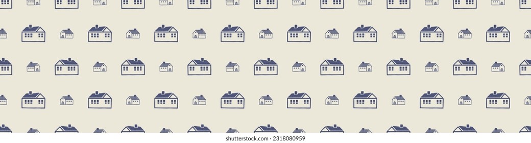 Masculine block print house vector ribbon. Seamless sketchy city street organic style for rustic washi tape.