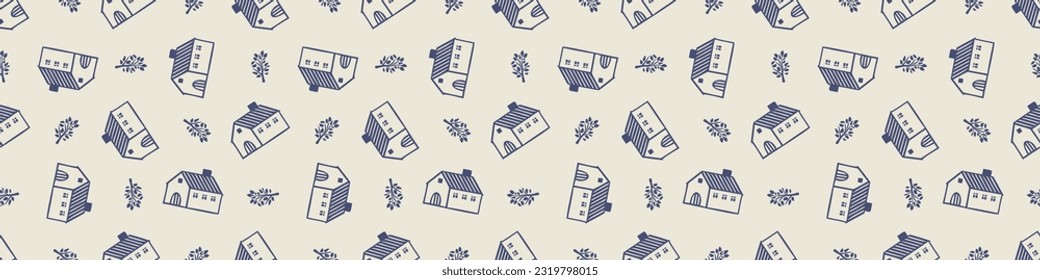 Masculine block print house vector ribbon. Seamless sketchy city street organic style for rustic washi tape.