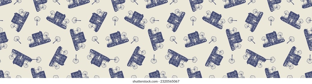 Masculine block print house vector ribbon. Seamless sketchy city street organic style for rustic washi tape.