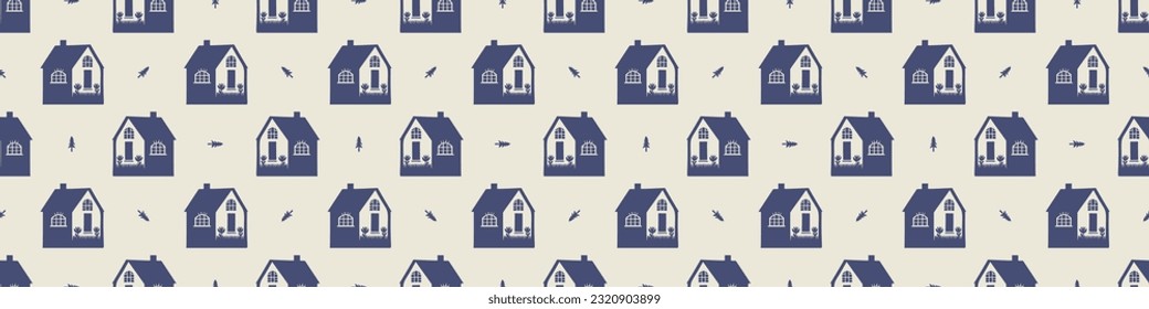 Masculine block print house vector ribbon. Seamless sketchy city street organic style for rustic washi tape.