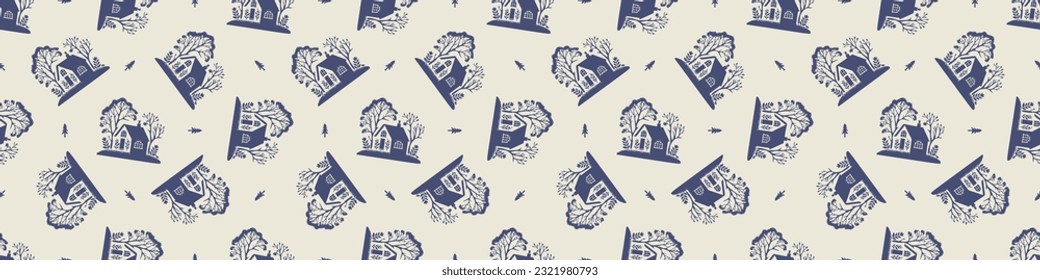 Masculine block print house vector ribbon. Seamless sketchy city street organic style for rustic washi tape.