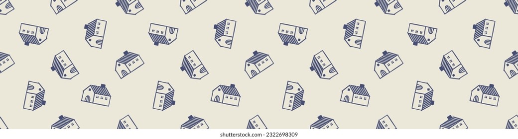 Masculine block print house vector ribbon. Seamless sketchy city street organic style for rustic washi tape.