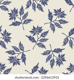 Masculine block print sprig stem vector pattern. Seamless sketchy herb plant organic style for rustic tile. 