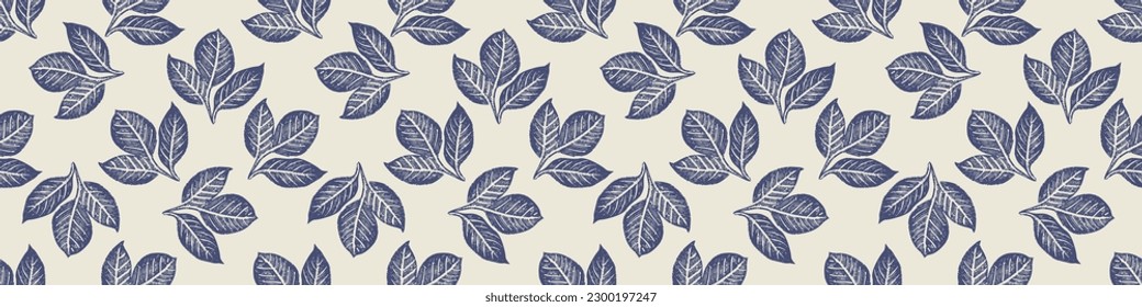 Masculine block print sprig stem vector ribbon. Seamless sketchy herb plant organic style for rustic washi tape. 