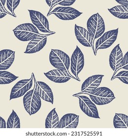 Masculine block print sprig stem vector pattern. Seamless sketchy herb plant organic style for rustic tile. 