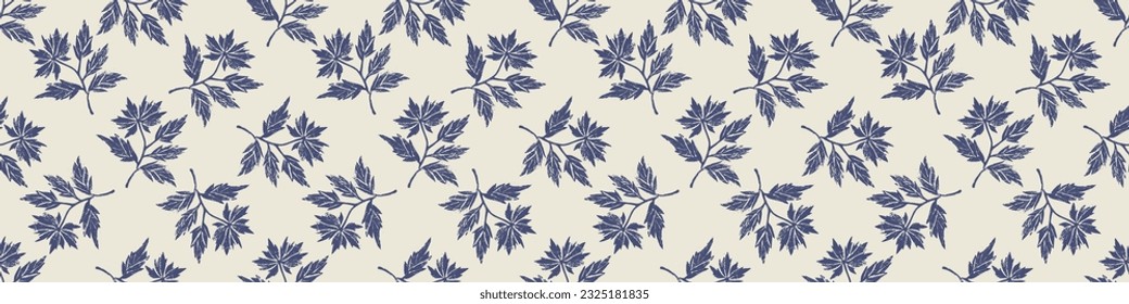 Masculine block print sprig stem vector ribbon. Seamless sketchy herb plant organic style for rustic washi tape. 
