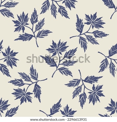 Masculine block print sprig stem vector pattern. Seamless sketchy herb plant organic style for rustic tile. 