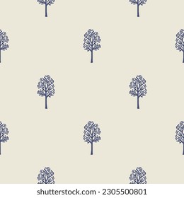 Masculine block print woodland tree vector pattern. Seamless sketchy outdoor forest organic style for rustic tile. 