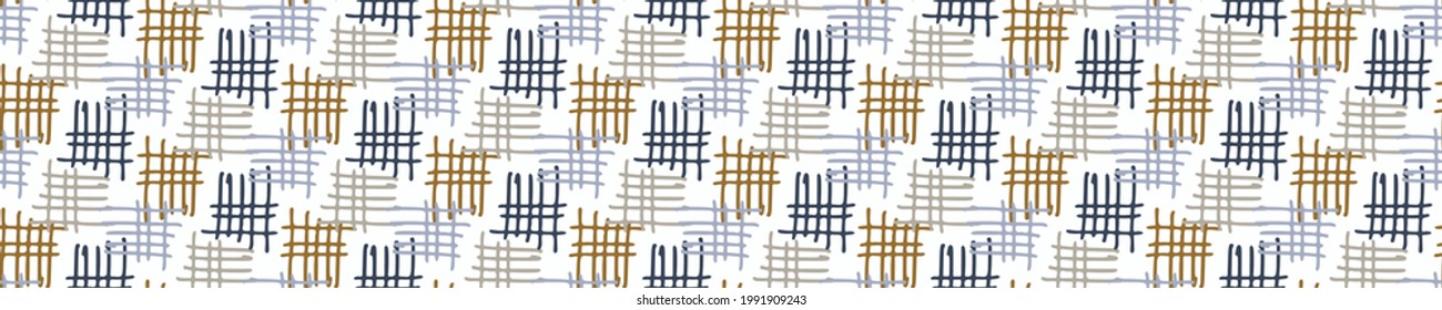 Masculine check grid seamless border pattern. Classic retro criss cross design for digital masking tape edging. Repeatable striped male banner in vector.
