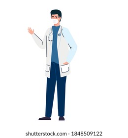 masculine doctor using medical protective mask against covid 19 on white background vector illustration design
