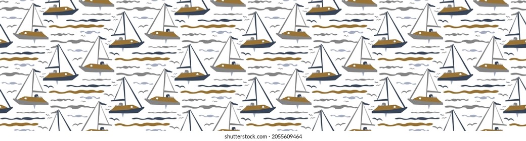 Masculine drawn boat doodle motif seamless pattern. Classic retro modern shape for digital scrapbook paper and repeatable men gift wrap design in vector.