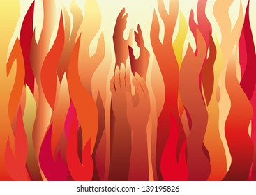 Masculine and feminine hands raised against the flames.