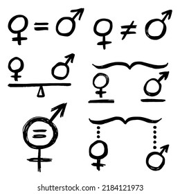 Masculine Feminine Sex Gender Symbol Set Equal Rights Monochrome Black Hand Drawn Vector Pictograms For Web And Print