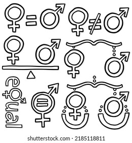 Masculine Feminine Sex Gender Symbol Set Equal Rights Monochrome Black Hand Drawn Vector Pictograms For Web And Print