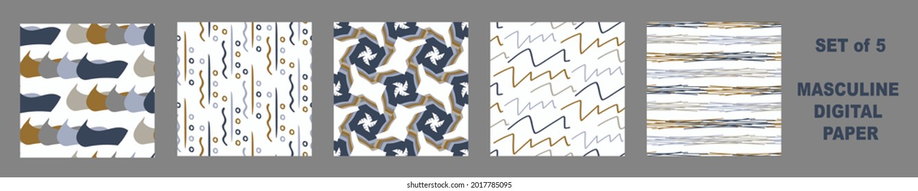 Masculine geometric digital papers collection. Classic retro geo shape seamless pattern texture. Repeatable set of men gift wrap design in vector.