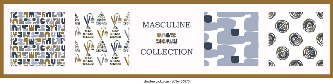 Masculine geometric digital papers collection. Classic retro geo shape seamless pattern texture. Repeatable set of men gift wrap design in vector.