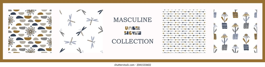 Masculine geometric digital papers collection. Classic retro geo shape seamless pattern texture. Repeatable set of men gift wrap design in vector.