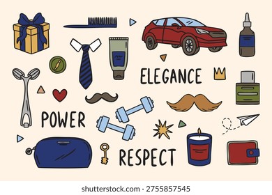 Masculine icon set with gift comb tie skincare massager key candle mustache paper plane wallet suv crown words elegance power respect. Vector illustration.