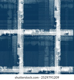 Masculine indigo tartan linen seamless border. All over print of navy blue lodge plain cotton plaid ribbon.
