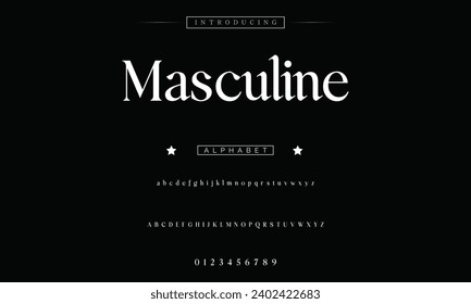 Masculine Lettering Minimalist Fashion. Elegant alphabet letters serif font and number. Typography fonts regular uppercase, lowercase.
